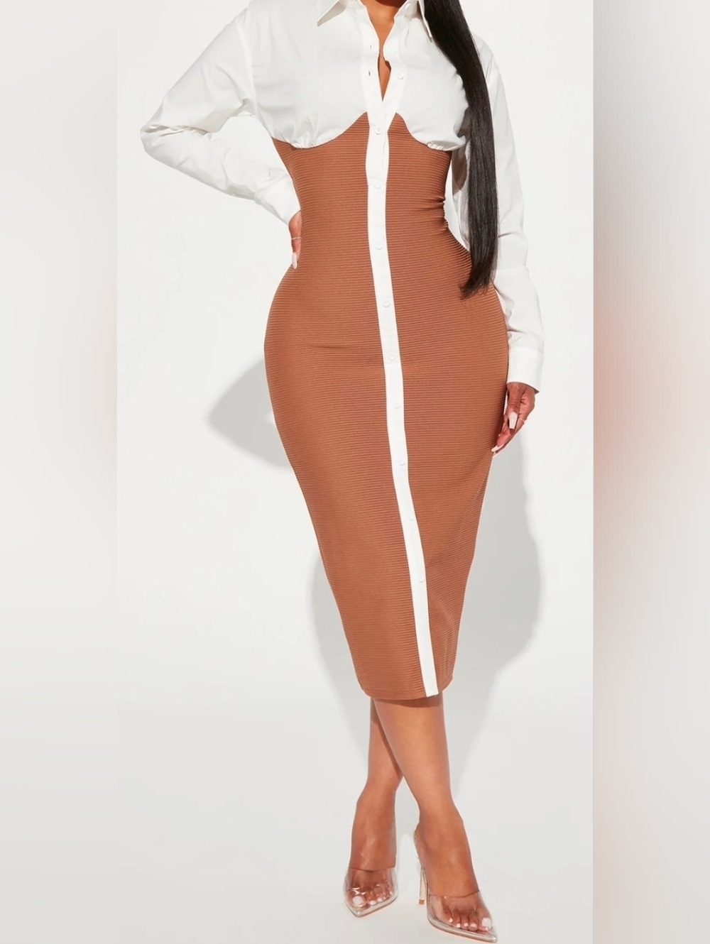 Let's Get Serious Midi Shirt Dress - White/combo